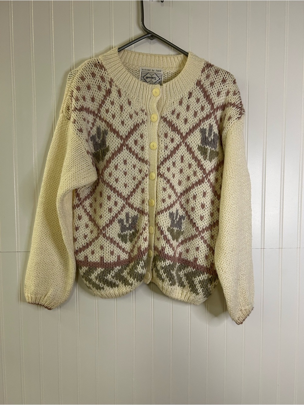 Vintage Nuggets Knitted by Hand Cream Knit Patterned Cardigan Sweater Size Large